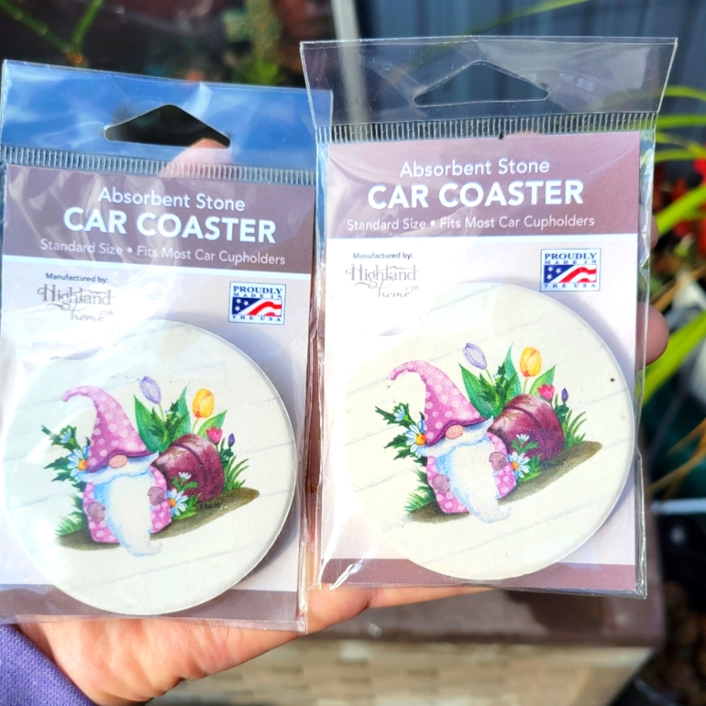 Lot of 2 gnome car coasters absorbant stone-white/purple